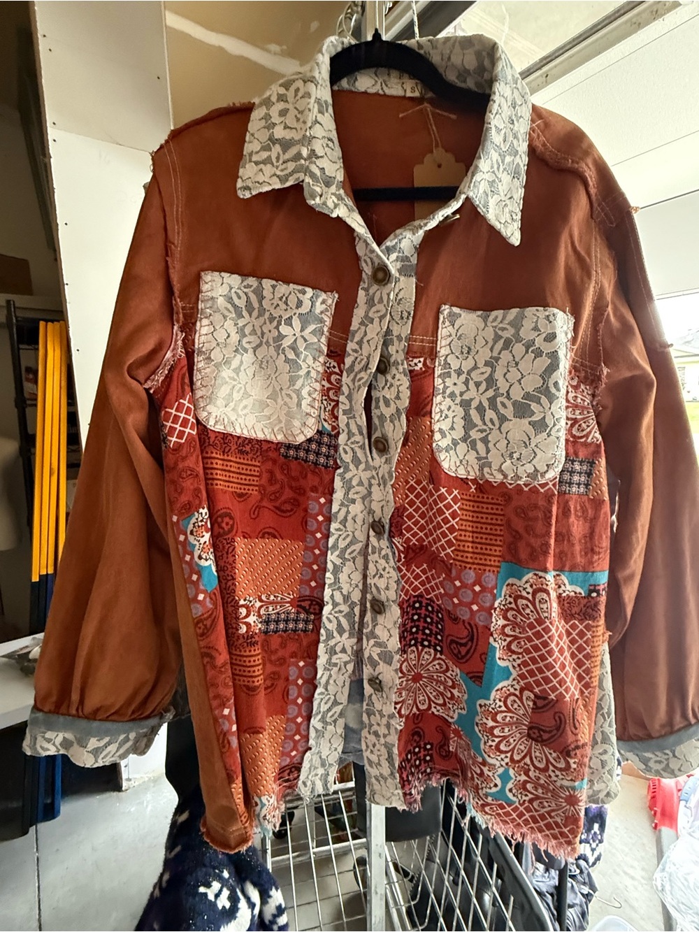 Schacket Women's Rust Patchwork Shirt Jacket with Lace Trim